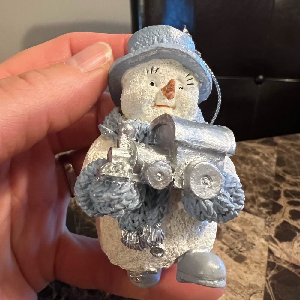 Snow Buddies Snowman Holiday Ornament, blue, white, and silver